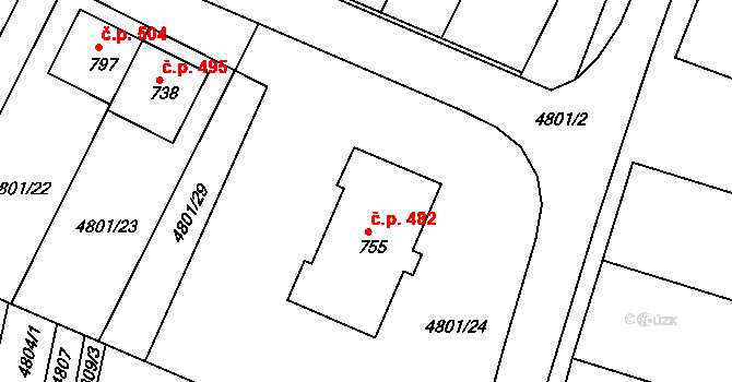 Šumice 482 na parcele st. 755 v KÚ Šumice u Uherského Brodu, Katastrální mapa