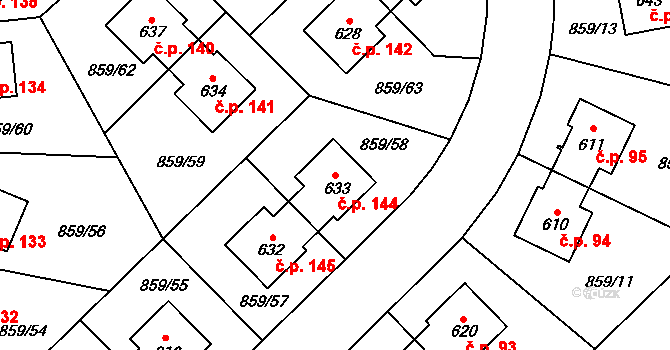 Dušníky 144, Obříství na parcele st. 633 v KÚ Obříství, Katastrální mapa
