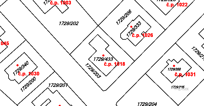 Ďáblice 1018, Praha na parcele st. 1729/433 v KÚ Ďáblice, Katastrální mapa