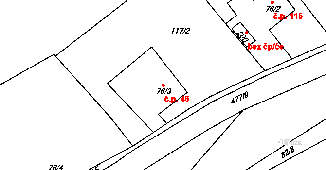 Podlažice 46, Chrast na parcele st. 76/3 v KÚ Podlažice, Katastrální mapa