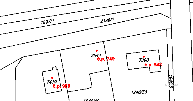 Beroun-Závodí 749, Beroun na parcele st. 2044 v KÚ Beroun, Katastrální mapa