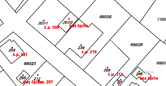 Tuhaň 219 na parcele st. 234 v KÚ Tuhaň, Katastrální mapa