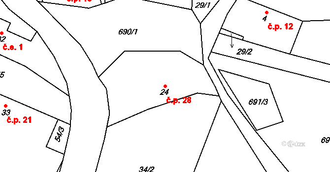 Křížovice 28, Plánice na parcele st. 24 v KÚ Křížovice u Číhaně, Katastrální mapa