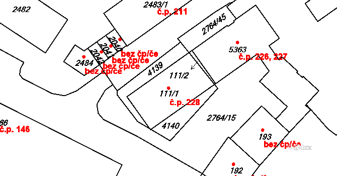 Střed 228, Rokycany na parcele st. 111/1 v KÚ Rokycany, Katastrální mapa