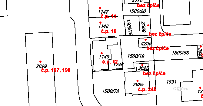 Nádražní Předměstí 12, Český Krumlov na parcele st. 1149 v KÚ Český Krumlov, Katastrální mapa