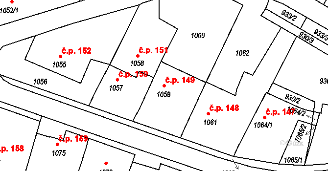 Kamenice nad Lipou 149 na parcele st. 1059 v KÚ Kamenice nad Lipou, Katastrální mapa