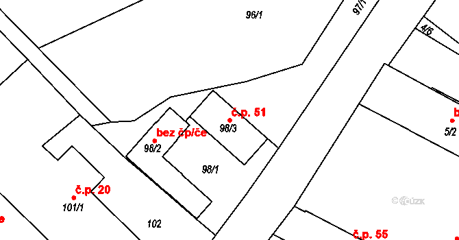 Jestřabí 51, Fulnek na parcele st. 98/3 v KÚ Jestřabí u Fulneku, Katastrální mapa