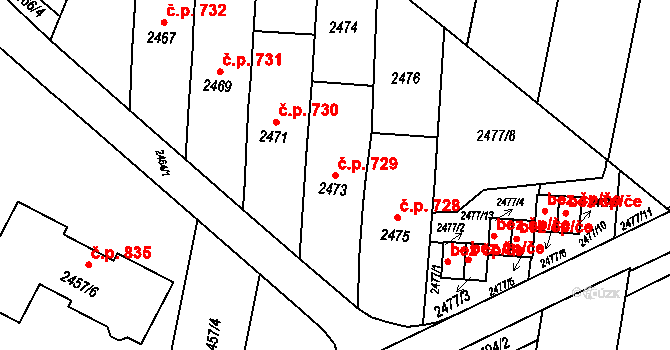 Klobouky u Brna 729 na parcele st. 2473 v KÚ Klobouky u Brna, Katastrální mapa