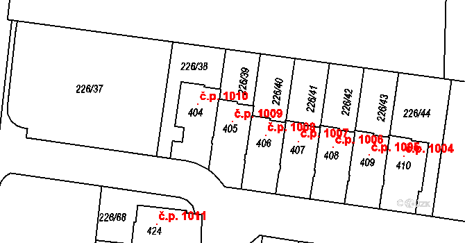 Vysoký Újezd 1009 na parcele st. 405 v KÚ Vysoký Újezd u Berouna, Katastrální mapa
