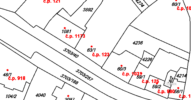 Dobřany 123 na parcele st. 63/1 v KÚ Dobřany, Katastrální mapa