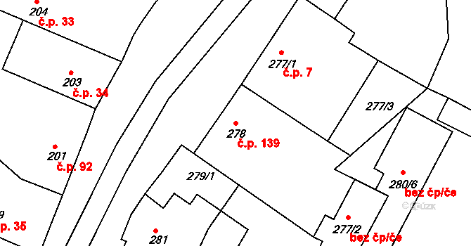 Hlízov 139 na parcele st. 278 v KÚ Hlízov, Katastrální mapa