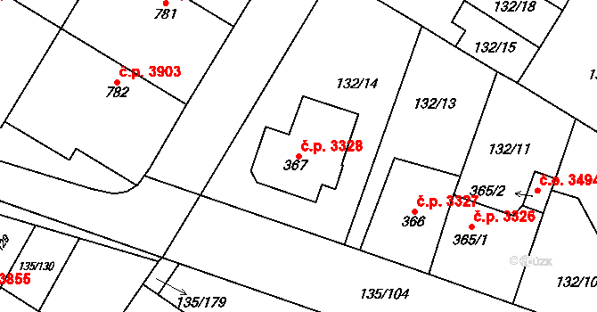 Jihlava 3328 na parcele st. 367 v KÚ Bedřichov u Jihlavy, Katastrální mapa