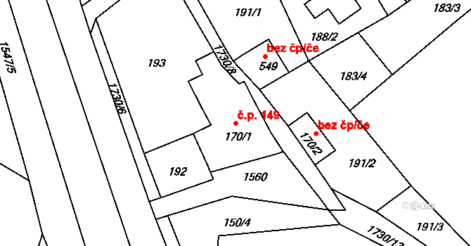 Veselé 149 na parcele st. 170/1 v KÚ Veselé, Katastrální mapa