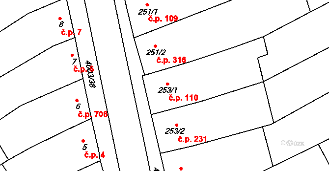 Dědice 110, Vyškov na parcele st. 253/1 v KÚ Dědice u Vyškova, Katastrální mapa