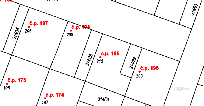 Lovčice 195 na parcele st. 215 v KÚ Lovčice u Nového Bydžova, Katastrální mapa