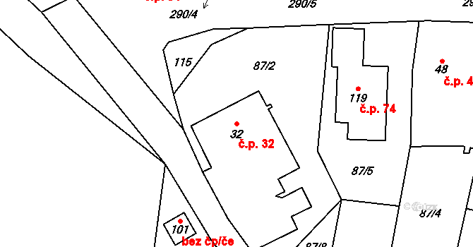 Třebín 32, Dubné na parcele st. 32 v KÚ Třebín, Katastrální mapa