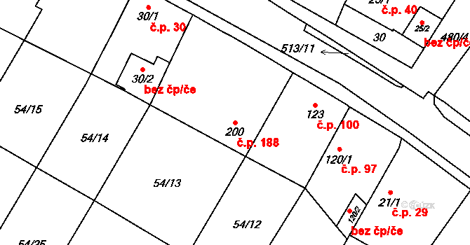 Horní Beřkovice 188 na parcele st. 200 v KÚ Horní Beřkovice, Katastrální mapa