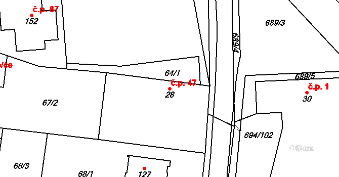 Milovice u Hořic 47 na parcele st. 28 v KÚ Milovice u Hořic, Katastrální mapa