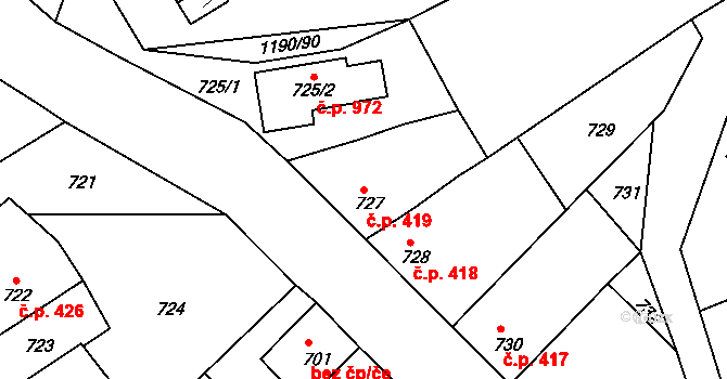 Bechyně 419 na parcele st. 727 v KÚ Bechyně, Katastrální mapa