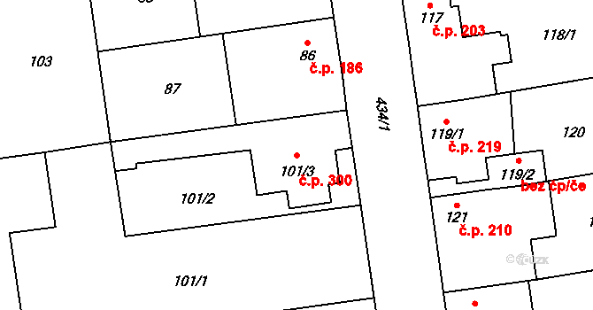 Semice 300 na parcele st. 101/3 v KÚ Semice nad Labem, Katastrální mapa
