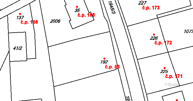 Kunovice 53 na parcele st. 192/1 v KÚ Kunovice, Katastrální mapa