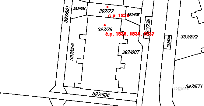 Chodov 1836,1837,1838, Praha na parcele st. 397/78 v KÚ Chodov, Katastrální mapa
