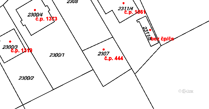 Hostivař 444, Praha na parcele st. 2307 v KÚ Hostivař, Katastrální mapa