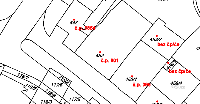 Chomutov 901 na parcele st. 452 v KÚ Chomutov I, Katastrální mapa