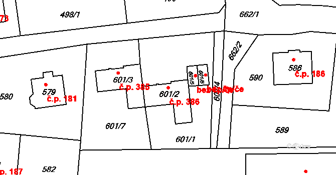 Liberec VIII-Dolní Hanychov 386, Liberec na parcele st. 601/2 v KÚ Dolní Hanychov, Katastrální mapa