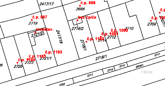 Šlapanice 1192 na parcele st. 2716/1 v KÚ Šlapanice u Brna, Katastrální mapa