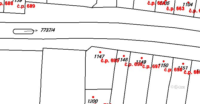 Prostějov 695 na parcele st. 1147 v KÚ Prostějov, Katastrální mapa