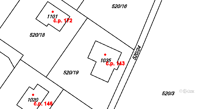 Čtyřkoly 143 na parcele st. 1035 v KÚ Čtyřkoly, Katastrální mapa