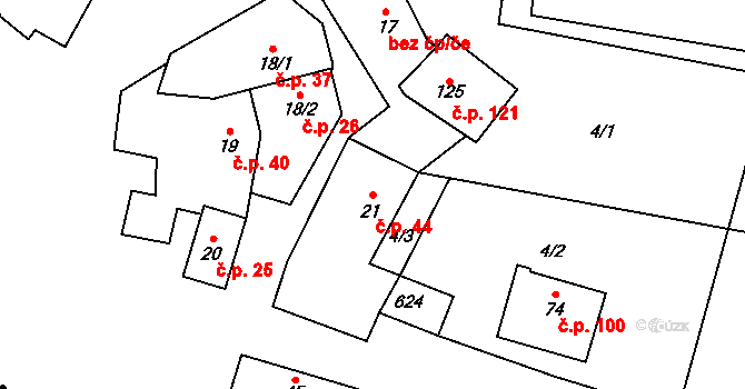 Číchov 44 na parcele st. 21 v KÚ Třebíčský Číchov, Katastrální mapa