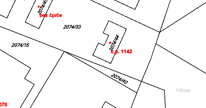 Třemošná 1142 na parcele st. 2074/44 v KÚ Třemošná, Katastrální mapa