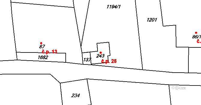 Kolná 25, Brumovice na parcele st. 243 v KÚ Úblo, Katastrální mapa