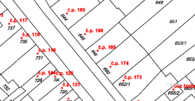 Pustiměřské Prusy 185, Pustiměř na parcele st. 648 v KÚ Pustiměř, Katastrální mapa