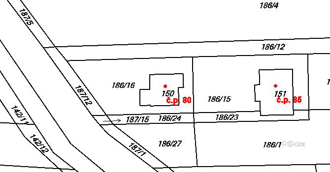 Přestavlky 80 na parcele st. 150 v KÚ Přestavlky u Chrudimi, Katastrální mapa