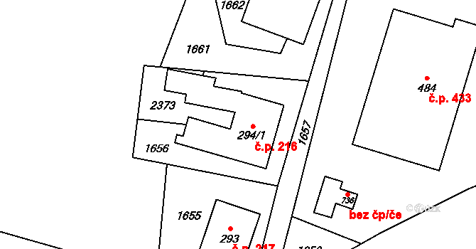 Hanušovice 216 na parcele st. 294/1 v KÚ Hanušovice, Katastrální mapa