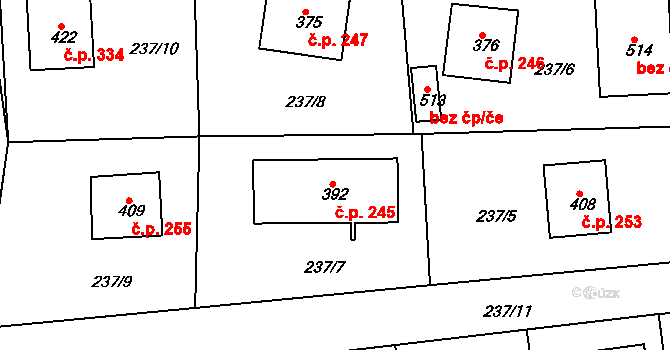 Kyšice 245 na parcele st. 392 v KÚ Kyšice u Plzně, Katastrální mapa