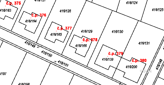 Rebešovice 378 na parcele st. 416/166 v KÚ Rebešovice, Katastrální mapa