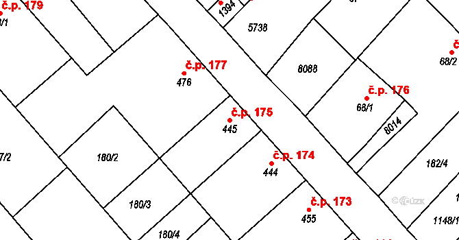 Březí 175 na parcele st. 445 v KÚ Březí u Mikulova, Katastrální mapa