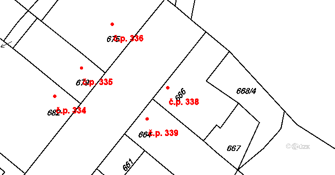 Drnholec 338 na parcele st. 666 v KÚ Drnholec, Katastrální mapa