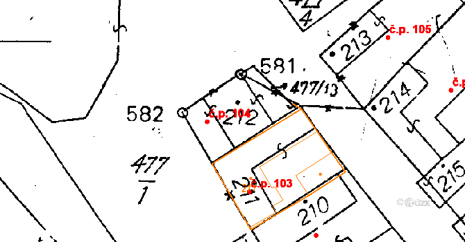 Havraníky 104 na parcele st. 212 v KÚ Havraníky, Katastrální mapa
