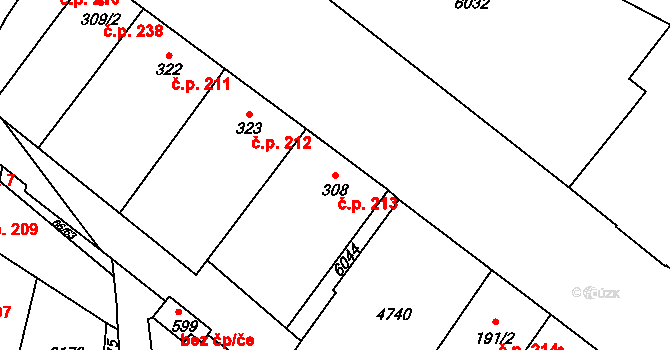 Hrabětice 213 na parcele st. 308 v KÚ Hrabětice, Katastrální mapa