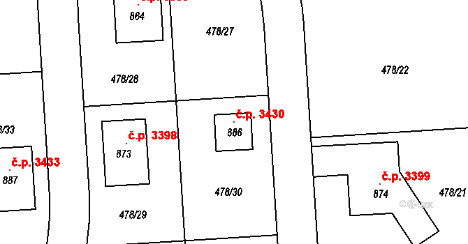 Šumperk 3430 na parcele st. 886 v KÚ Dolní Temenice, Katastrální mapa