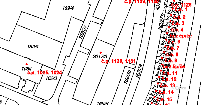 Kyjov 1130,1131 na parcele st. 2017/3 v KÚ Kyjov, Katastrální mapa