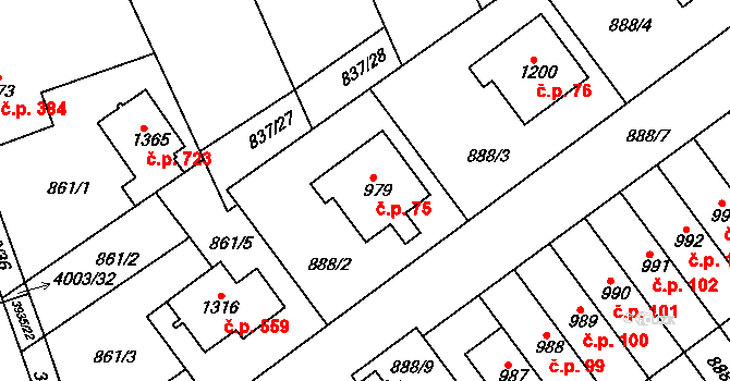Pazderna 75, Vyškov na parcele st. 979 v KÚ Dědice u Vyškova, Katastrální mapa