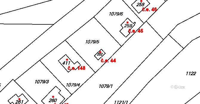 Lhota Veselka 44, Postupice na parcele st. 202 v KÚ Postupice, Katastrální mapa