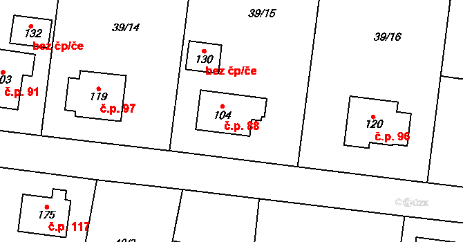 Máslovice 88 na parcele st. 104 v KÚ Máslovice, Katastrální mapa