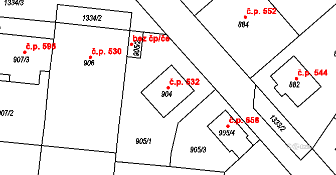 Tuchlovice 532 na parcele st. 904 v KÚ Tuchlovice, Katastrální mapa